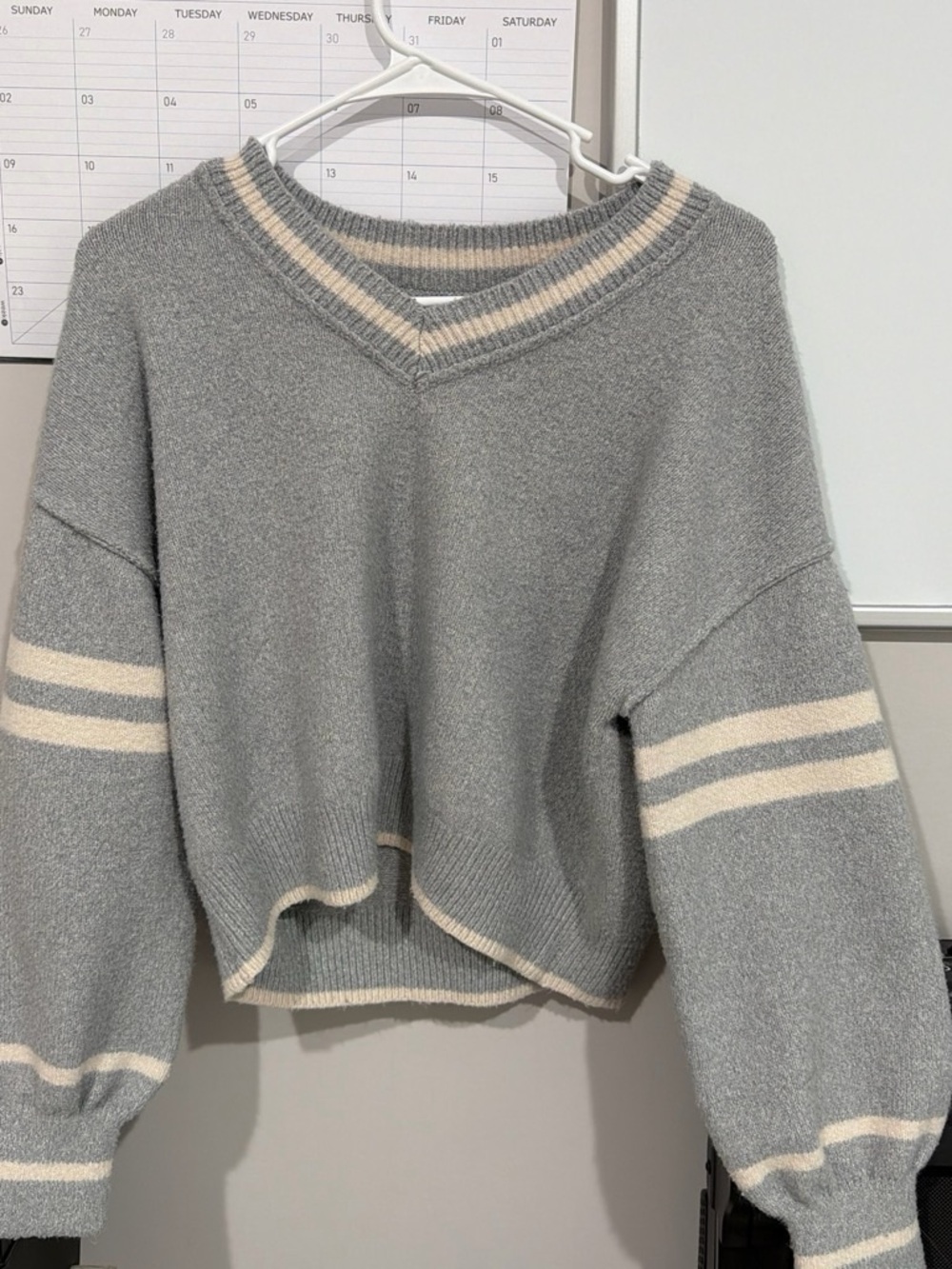 Marshalls Gray V-Neck Striped Sleeve Cropped Sweater